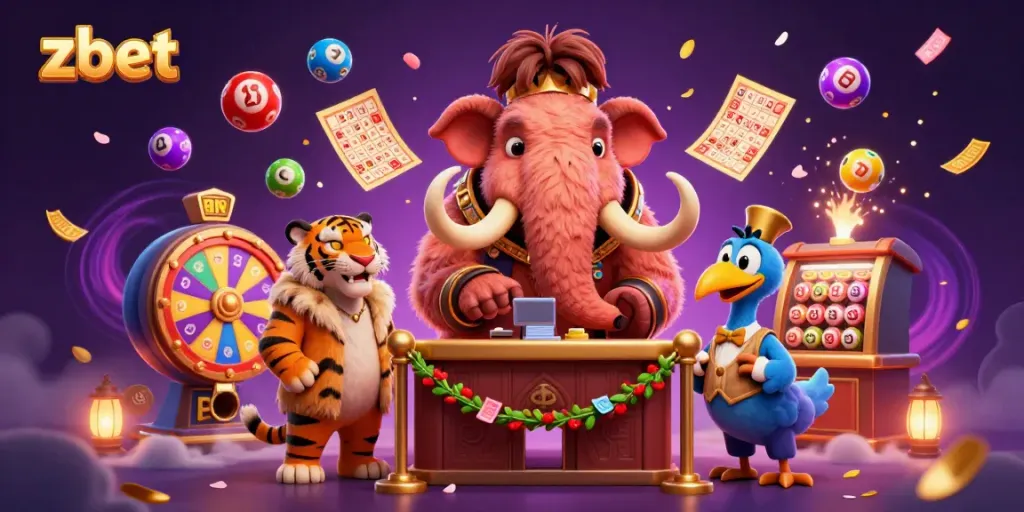 Experience thrilling gaming at Zbet with a vibrant scene of whimsical characters and dynamic gambling elements.