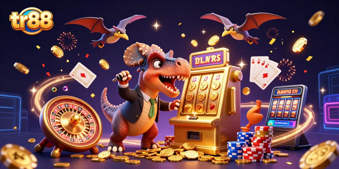 tr88 showcases a dynamic scene with a dinosaur celebrating a jackpot win at a slot machine, surrounded by flying coins.