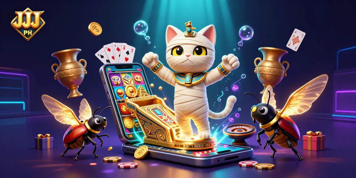 Experience the vibrant world of JJJPH with a cartoon Egyptian mummy cat in a pyramid casino.