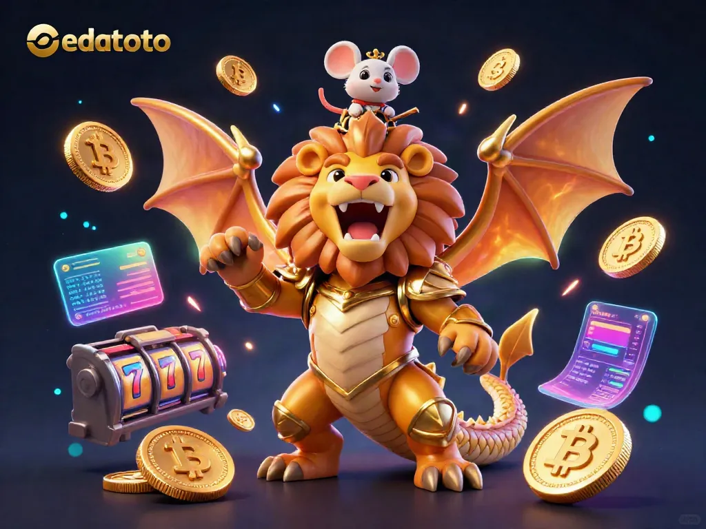 Experience the thrilling world of edatoto with dynamic visuals of a roaring chimera and crypto elements.