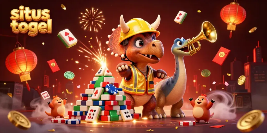 Experience the excitement of situs togel in this vibrant 3D illustration with animated dinosaur characters celebrating wins.