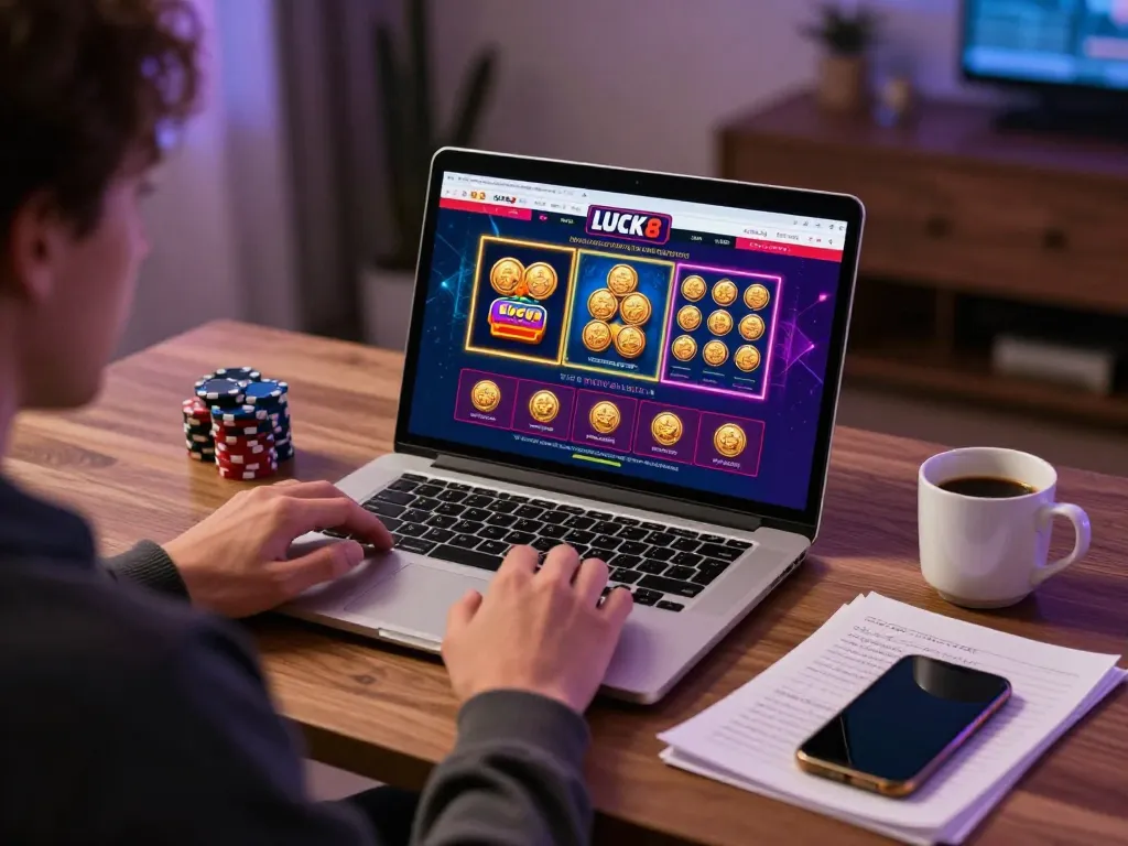 Cài đặt trò chơi trực tuyến LUCK8 với người chơi sử dụng laptop cho một trò chơi casino, trình bày giao diện sống động.