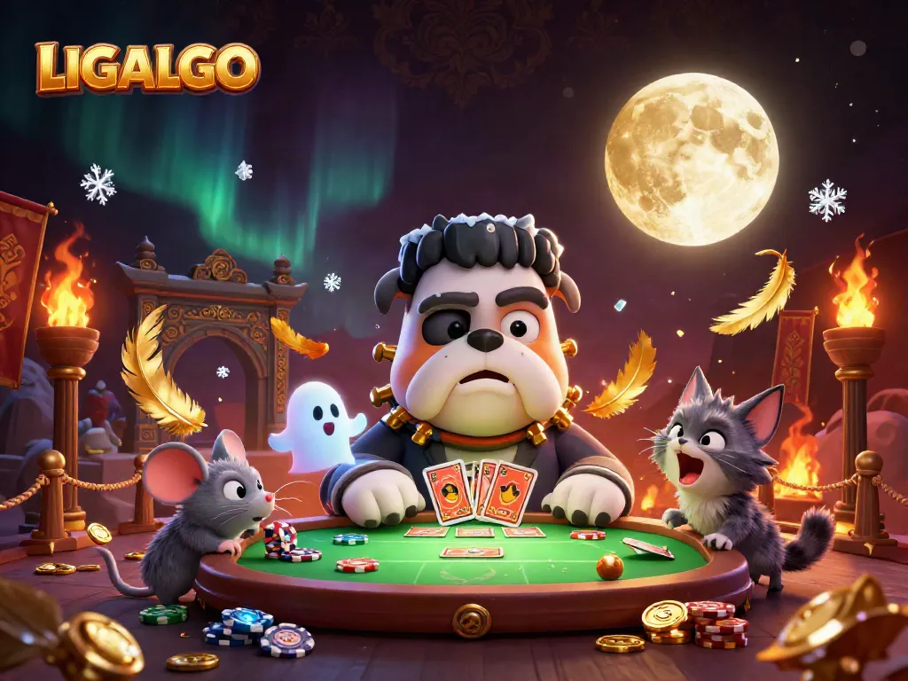 Engage in thrilling gameplay at LIGALGO with a fun 3D illustration of characters dealing cards and gaming elements.
