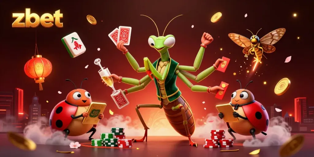 Experience thrilling gaming adventures with zbet's vibrant casino scene illustrating dynamic characters and festive elements.