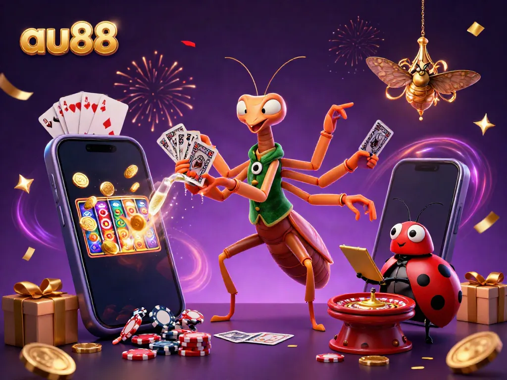Experience thrilling gaming at au88 with a giant praying mantis dealer and festive elements.