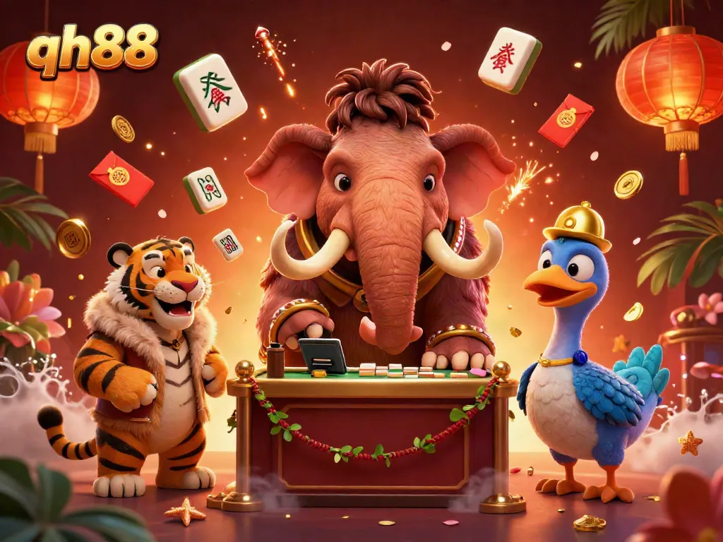 Engage with the vibrant atmosphere of qh88 casino featuring a woolly mammoth bouncer, saber-tooth tiger, and dodo bird, surrounded by festive elements.