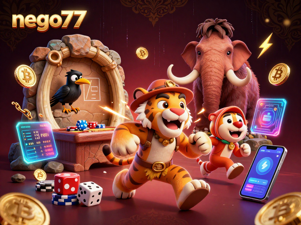 Engage in exciting gameplay at nego77's prehistoric casino with vibrant 3D illustration and crypto elements.