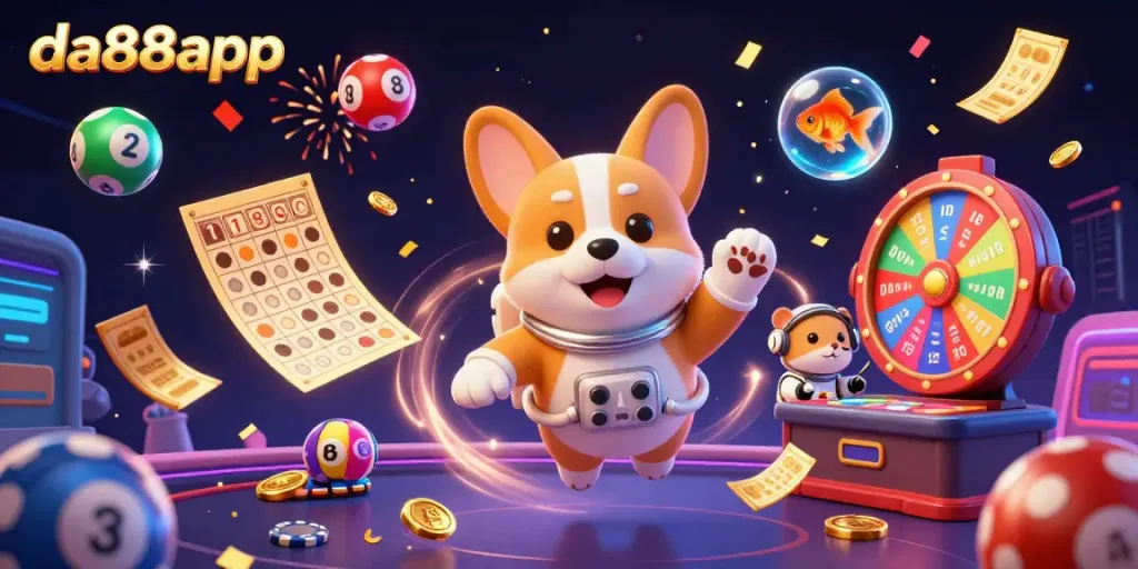 Experience thrilling gameplay with da88app as an astronaut corgi and friends celebrate a cosmic win.