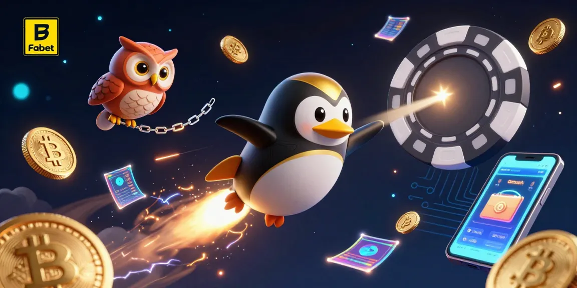 Engage with Fabet's exciting 3D casino illustration showcasing a golden penguin amidst vibrant gambling elements.