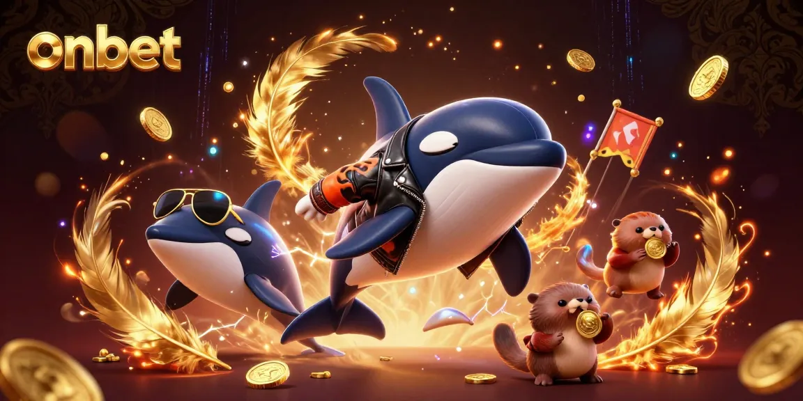 Experience exciting betting adventures with onbet's colorful cartoon whales and otters amidst casino action.