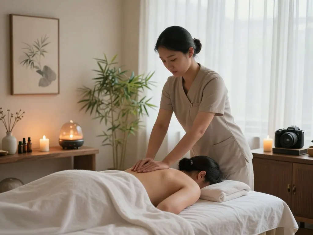 Relaxing 양주출장안마 session in a tranquil spa environment with soothing candles and essential oils.