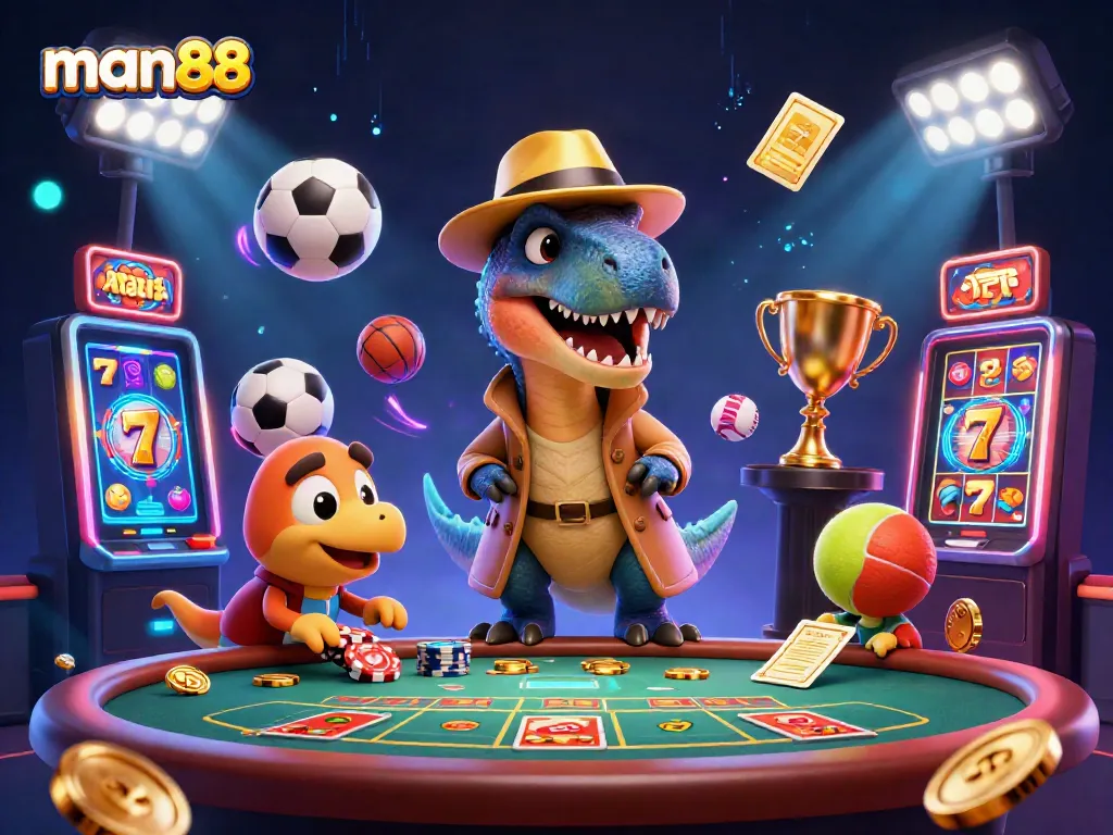 Engage in thrilling gameplay at man88 featuring a cartoon velociraptor and friends at a vibrant casino.