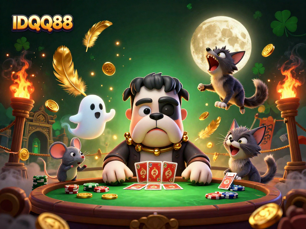Experience the thrilling atmosphere of IDQQ88 with a 3D cartoon scene featuring vibrant characters and casino action.