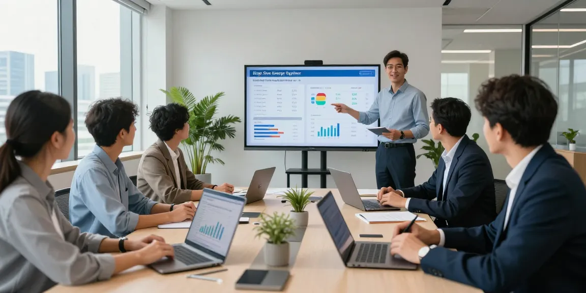 Team of energy analysts discussing big six energy suppliers in modern office setting.