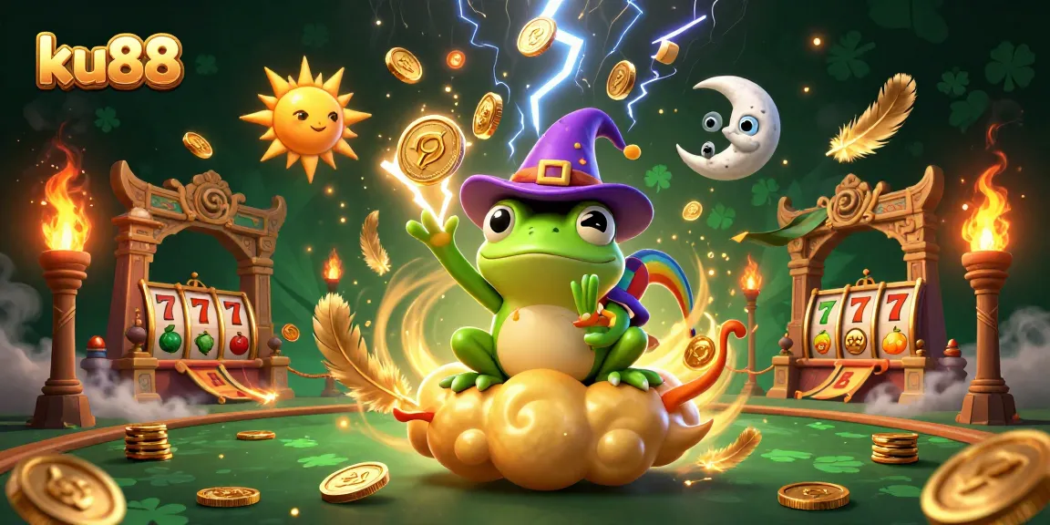 Experience ku88's excitement with a vibrant, magical scene of a wizard frog and chameleon amidst golden gaming elements.