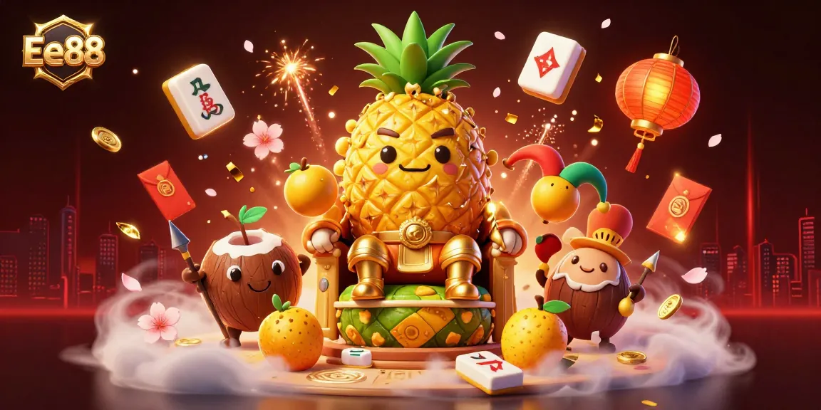 Experience the excitement of Ee88 with vibrant casino fun, golden rewards, and 3D characters amidst festive decorations.