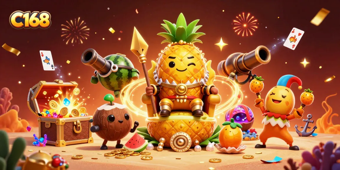 C168 players mesmerized by the golden pineapple king in a vibrant beach casino, enjoying immersive games.