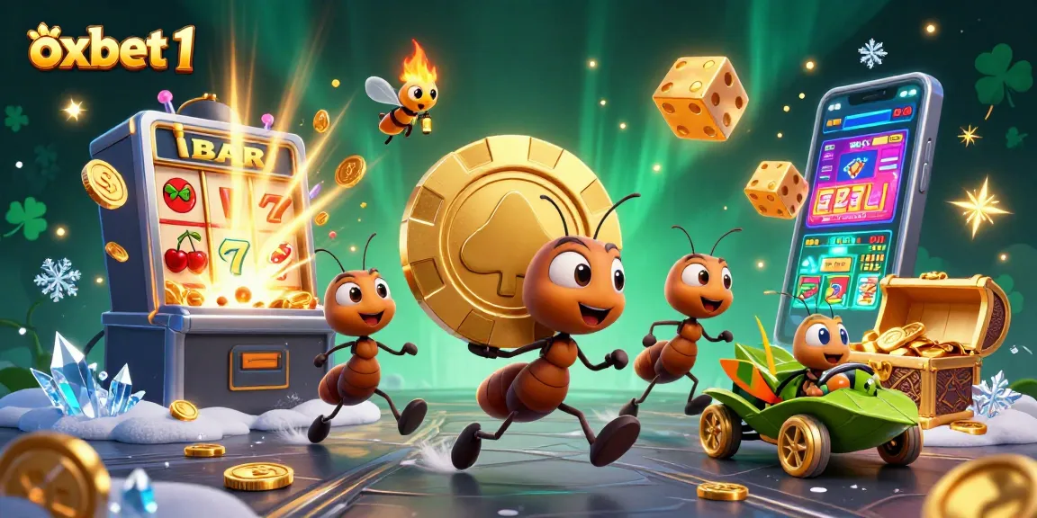 Experience the excitement of oxbet1 as ants steal a massive poker chip amidst a vibrant casino scene.