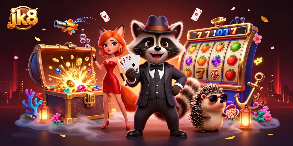 Experience the thrill of gambling at jk8 with a vibrant 3D casino scene filled with game elements.