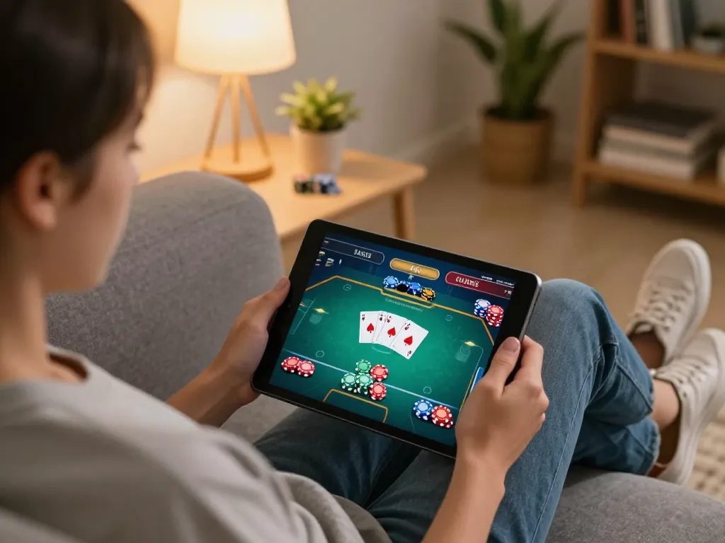 Engage in online poker featuring worldharpday in a cozy home setting, showcasing vibrant game interface and chips.