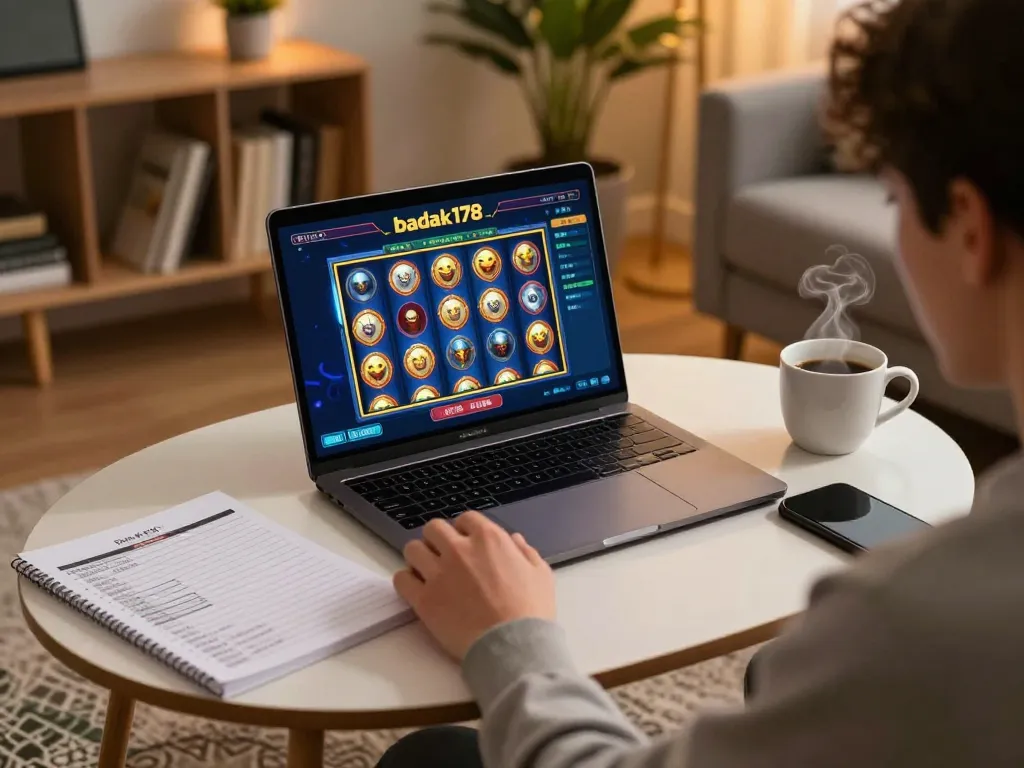 Engaging online gaming with badak178 showcasing a vibrant slot game on a laptop amid personal strategy notes.