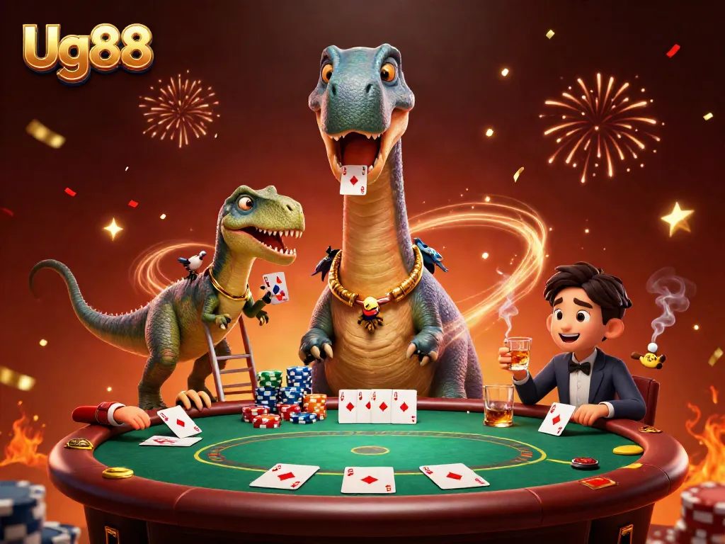 Engage with the dynamic Ug88 casino scene featuring playful dinosaur characters and vibrant poker elements.