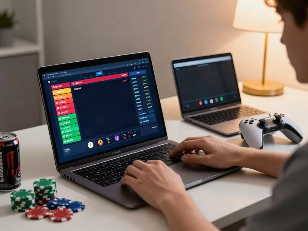 man88 user immersing in an online betting experience at home with vibrant display and gaming paraphernalia.