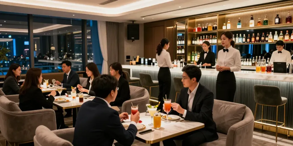 강남타이밍 쩜오의 고급스러운 내부에서 고객들이 즐겁게 시간을 보내고 있는 모습