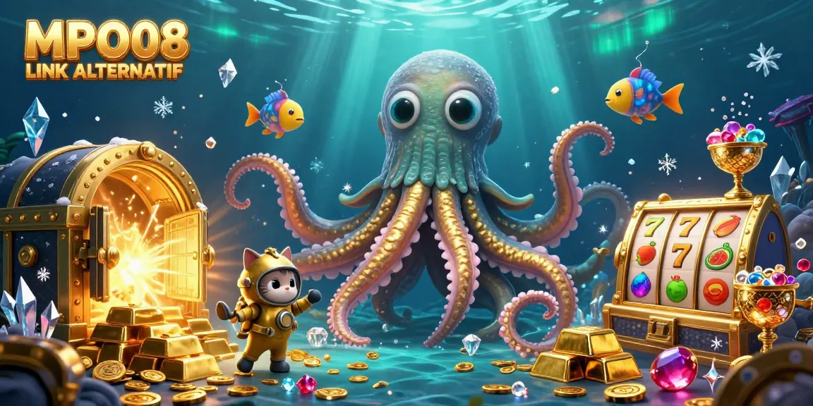 Ignite excitement with MPO08 LINK ALTERNATIF's treasure-themed casino adventure featuring a kraken, diving cat, and slot elements.