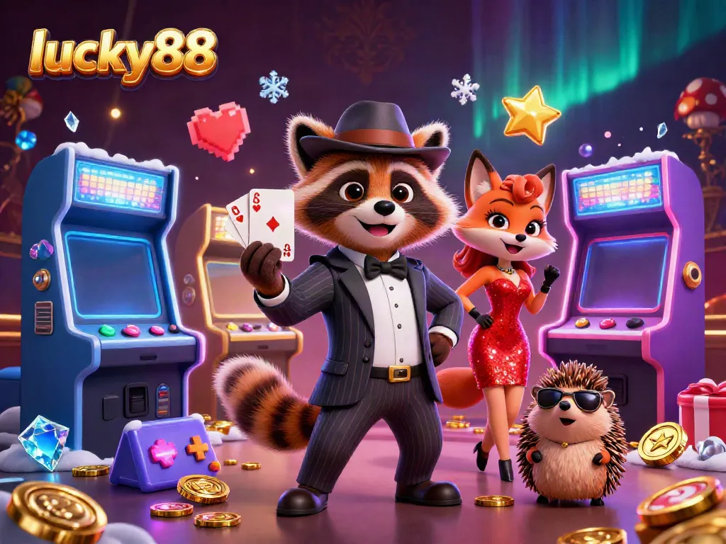 Experience lucky88 with a suave raccoon, stylish fox, and hedgehog bouncer in a vibrant casino arcade setting.
