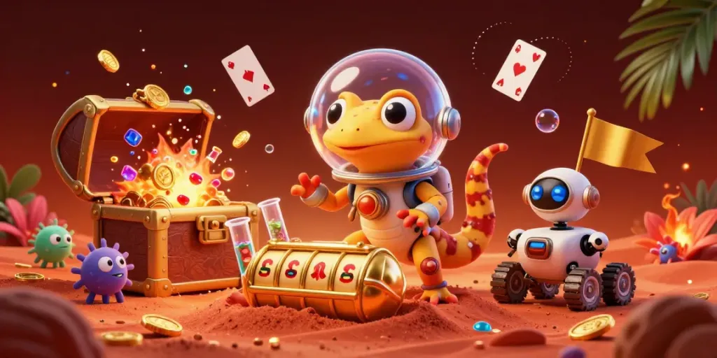 Experience excitement at red88 with a Martian gecko discovering a golden casino scene filled with vibrant gaming elements.