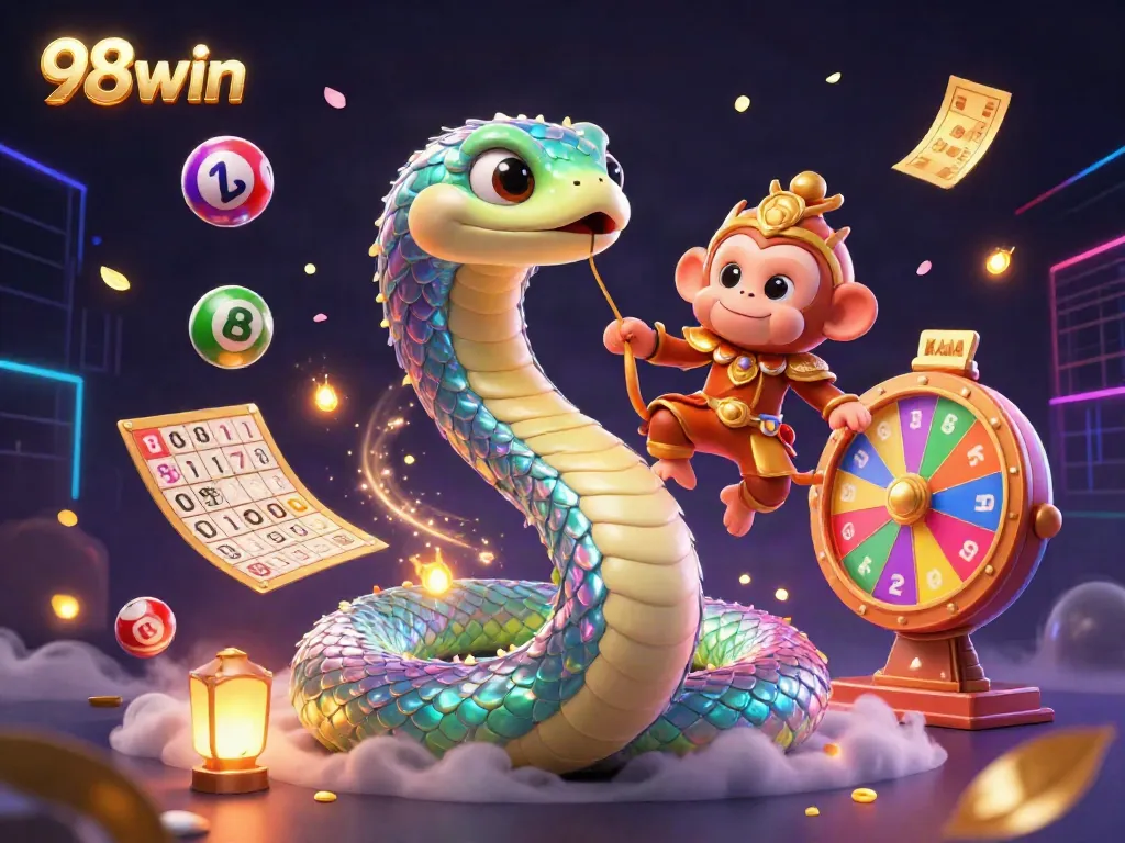 Experience 98win's vibrant animation with a rainbow serpent and monkey king, surrounded by lottery excitement.