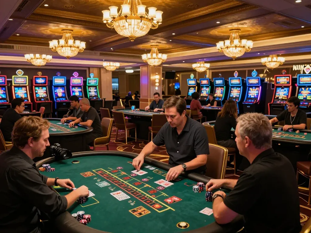 Fun88 players engaging at various game tables, showcasing exciting casino atmosphere with vibrant gameplay.