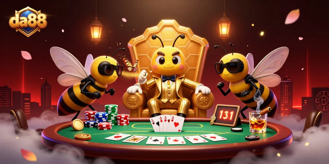 Join the da88 poker scene with a bumblebee mob boss and wasp bodyguards at a vibrant table.
