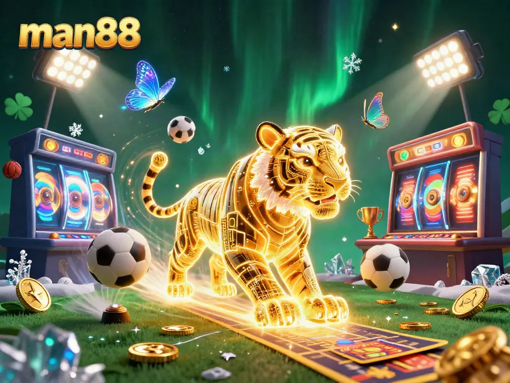Experience thrilling gaming action at man88 with a vibrant 3D scene showcasing slots, sports, and excitement.