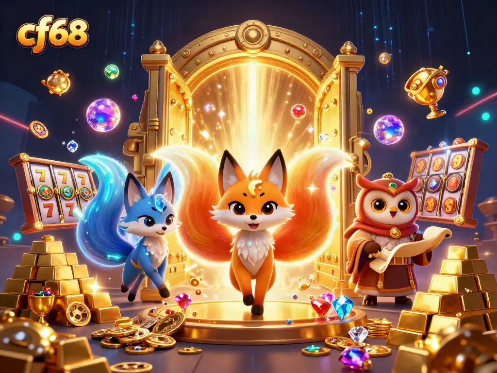 Engage with cf68 in a vibrant 3D casino world filled with slot elements and glowing treasures.
