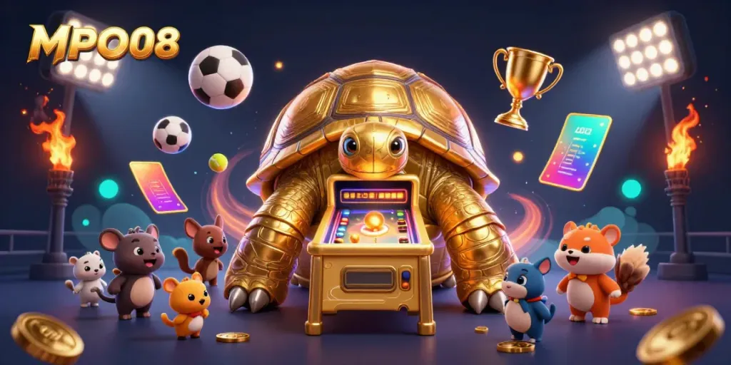 Engage with MPO08's fun pinball gaming experience featuring a golden tortoise and a lively scene.