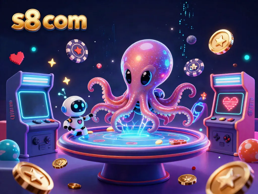 Experience thrilling poker action with this vibrant s8 com scene featuring an alien octopus and a tiny robot.