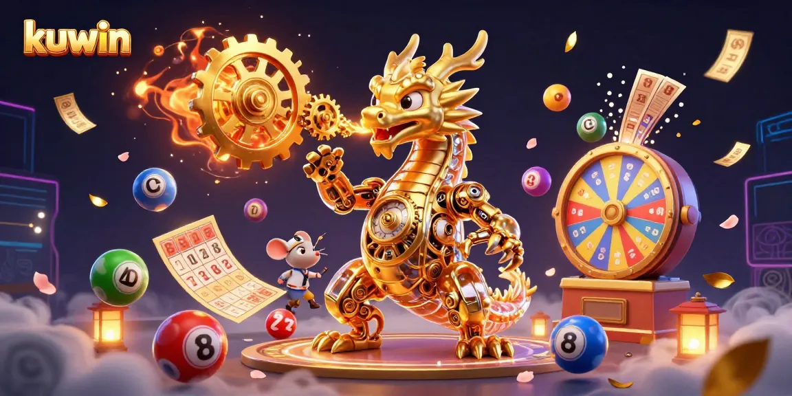 Engage in exciting kuwin adventures with vibrant lottery balls and majestic dragons in a dynamic casino scene.