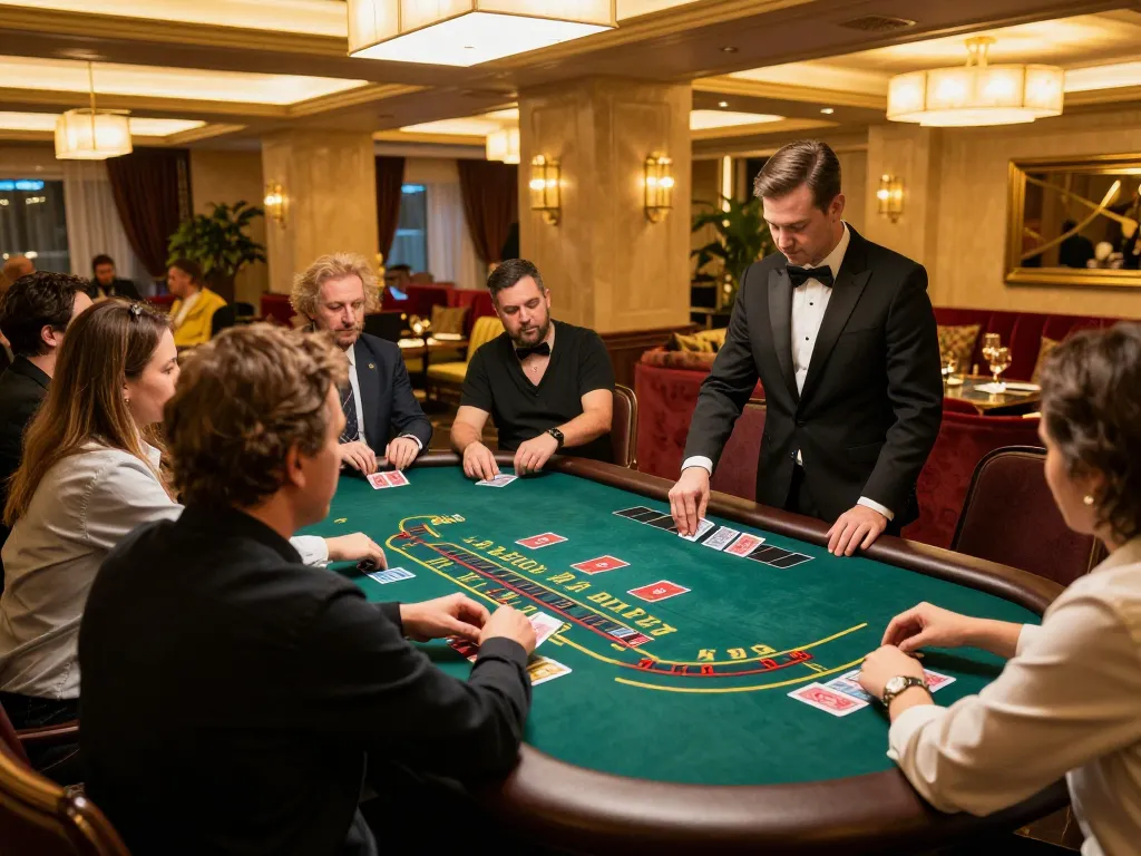 Le Creusot Hôtel features an exciting blackjack scene with players engaged and a professional dealer.