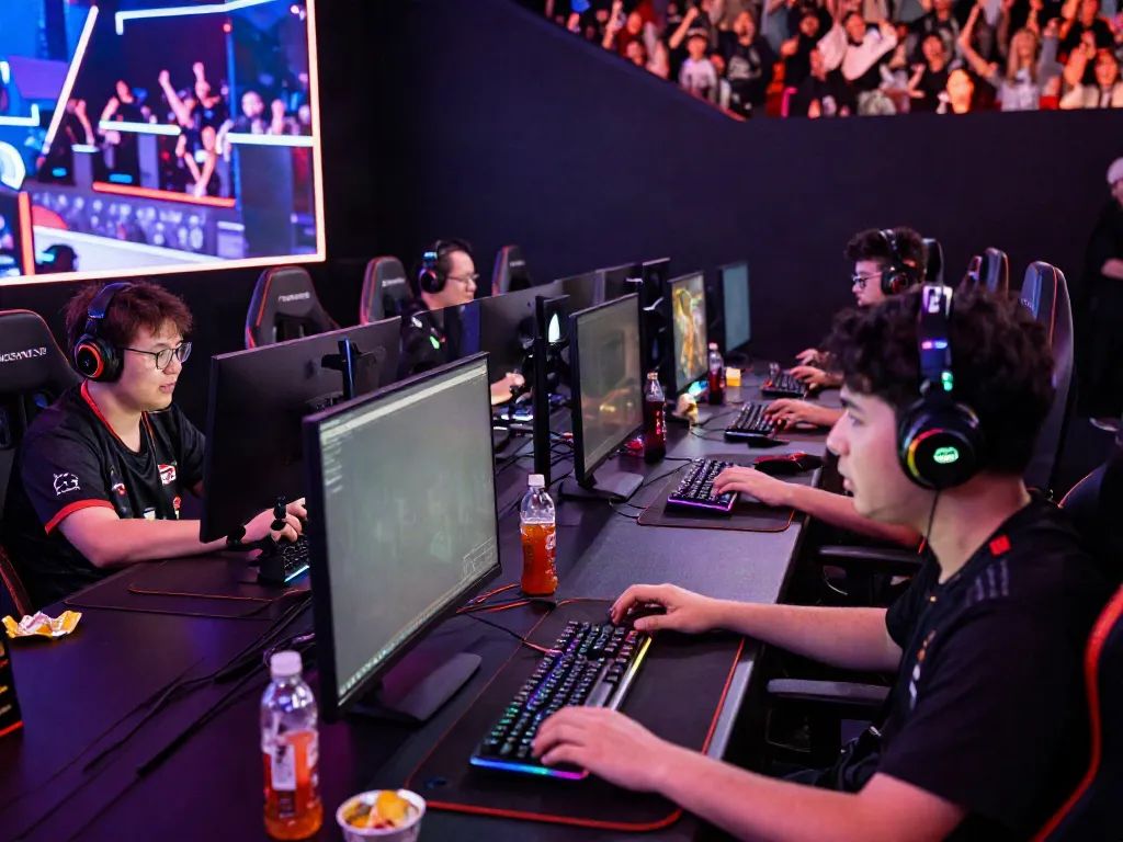 Exciting esports gaming scene highlighting players at intense competition, showcasing the energy of https://ku88vt.com/ tournaments.