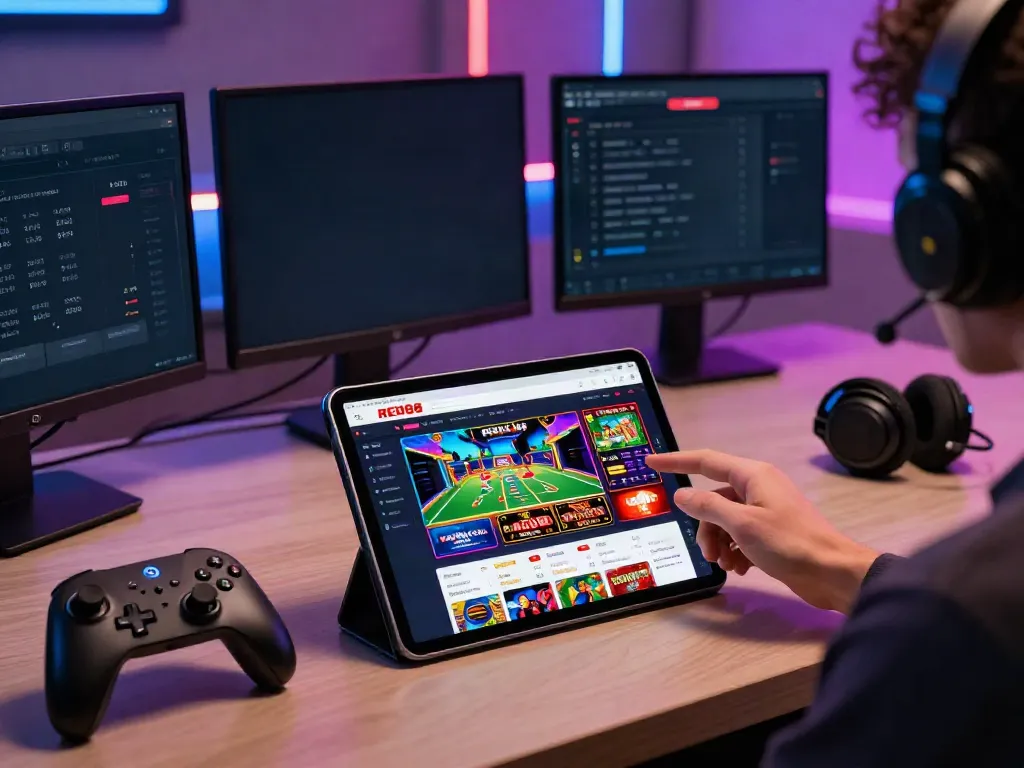 Engaging digital gambling experience with RED88 platform on tablet and vibrant gaming elements.