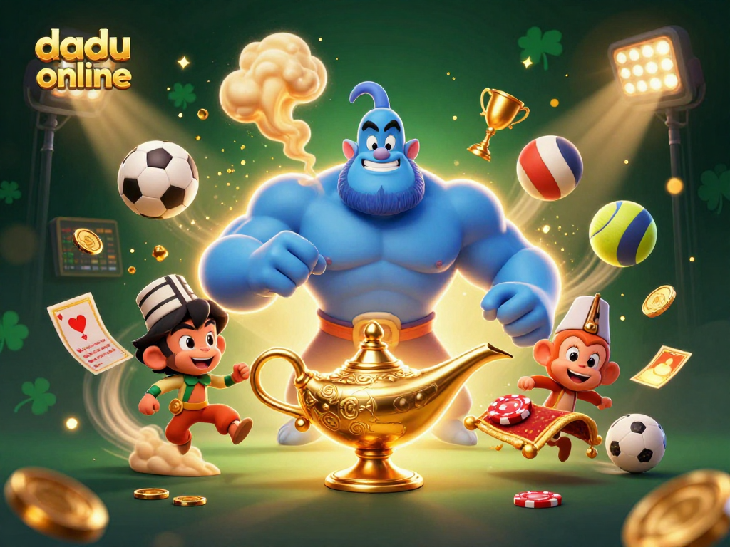 Engage in thrilling dadu online games with a lively illustration featuring a genie and vibrant casino elements.