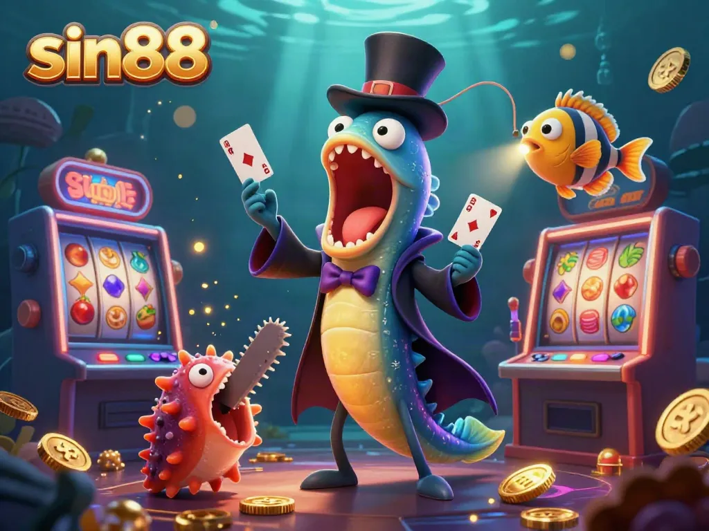 Engaging scene at sin88 showcasing a bioluminescent deep-sea gulper eel performing card tricks with casino elements.