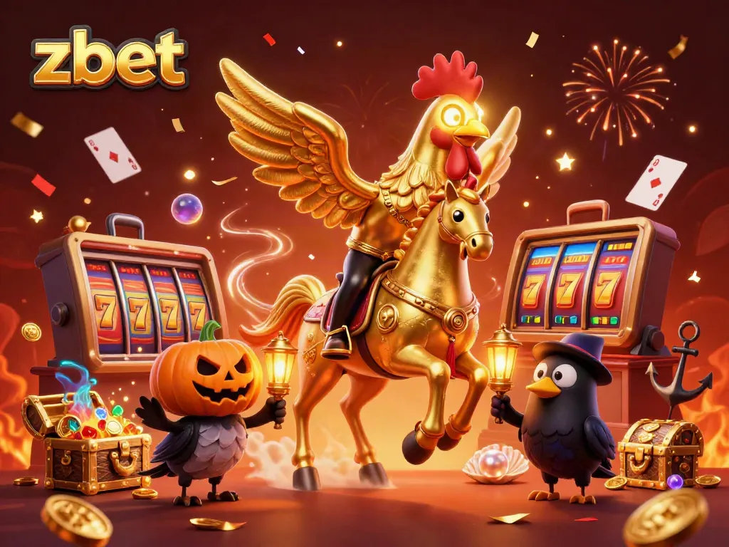 Experience exhilarating action with zbet's golden rooster character amidst a lively casino scene featuring vibrant slot games.
