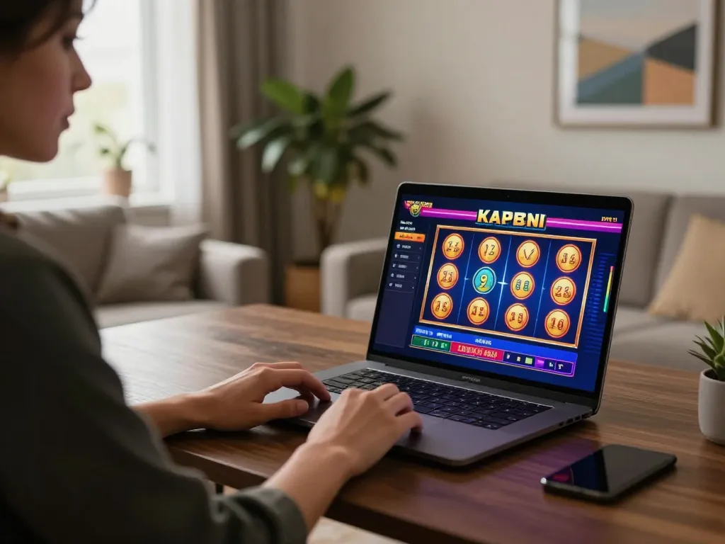 Engaging online gaming at home with blueskybuds, showing a vibrant slot interface and focused player
