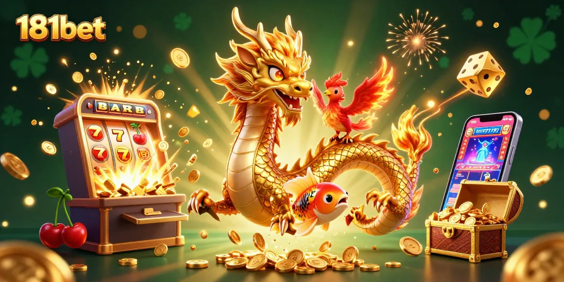 Play exciting casino games and win with 181bet's vibrant illustration featuring a dragon, phoenix, and koi fish.