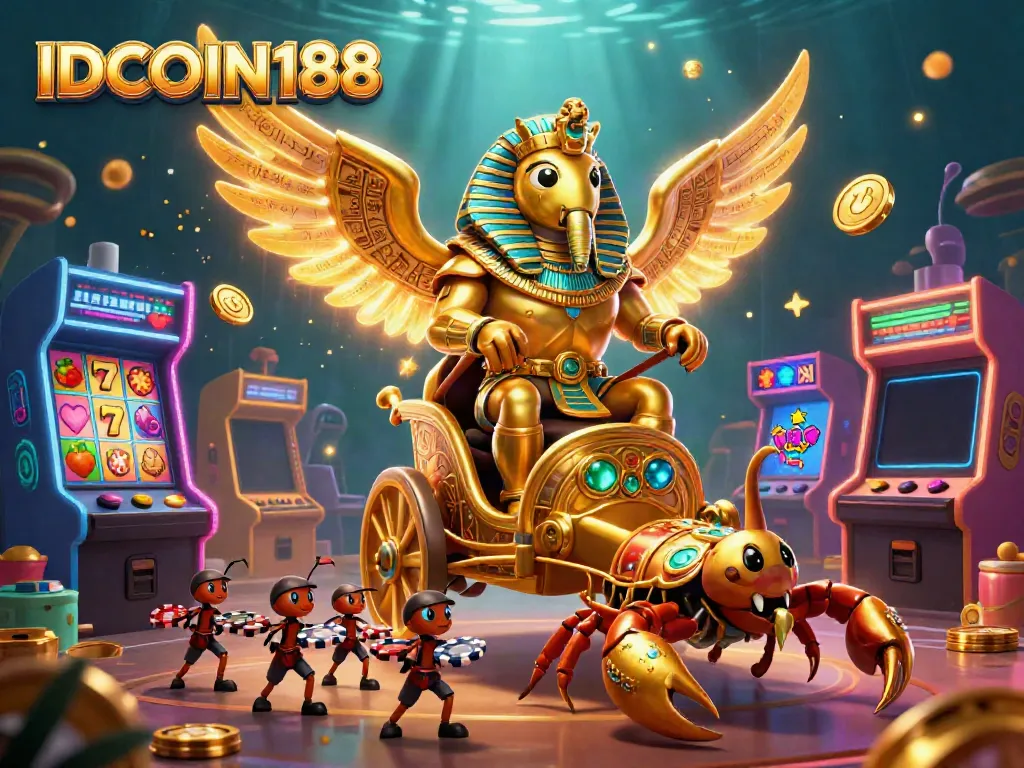 Experience thrilling gaming action with IDCOIN188 showcasing colorful slot reels, vibrant casino elements, and a dynamic 3D scene.