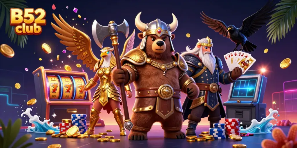 Experience thrilling gameplay at B52 club with dynamic casino elements like slot machines and poker chips.