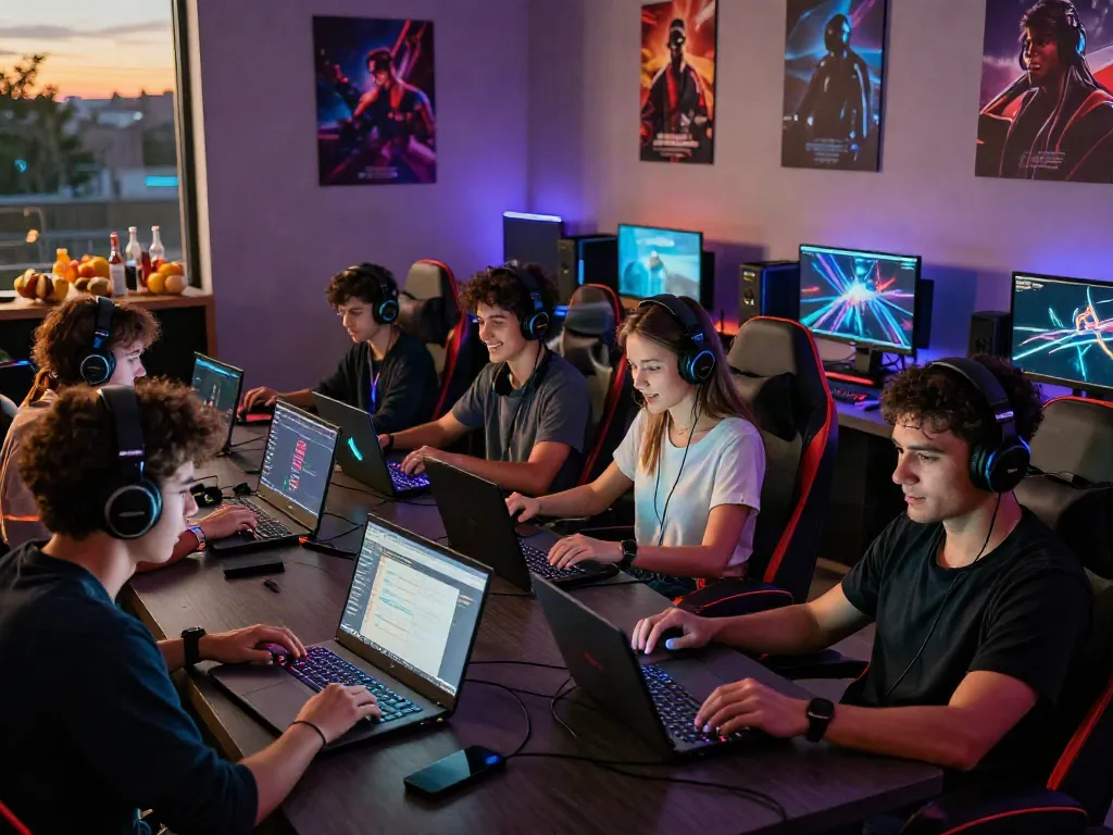 Gaming enthusiasts at https://hitclub3.io/ enjoying an immersive gaming experience in a vibrant lounge.